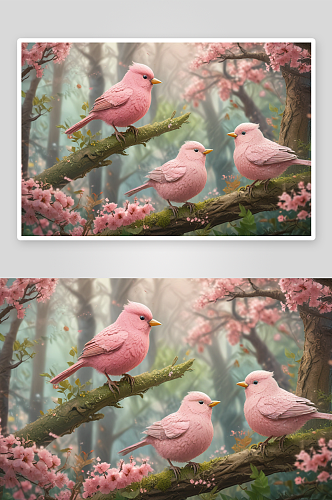 粉红色鸟儿的森林朋友