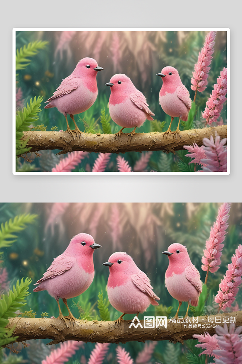 粉红色鸟儿的森林朋友素材