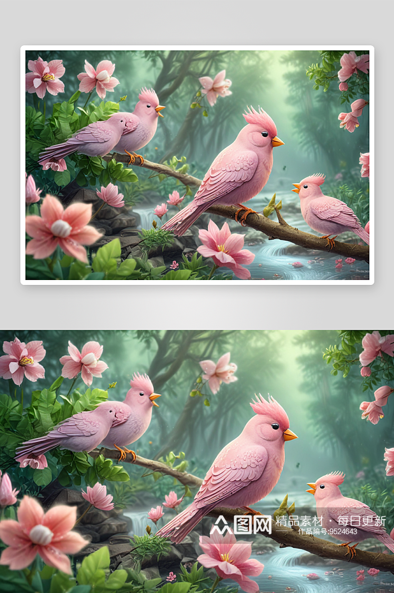 粉红色鸟儿的森林朋友素材