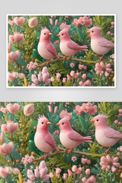 粉红色鸟儿的森林朋友