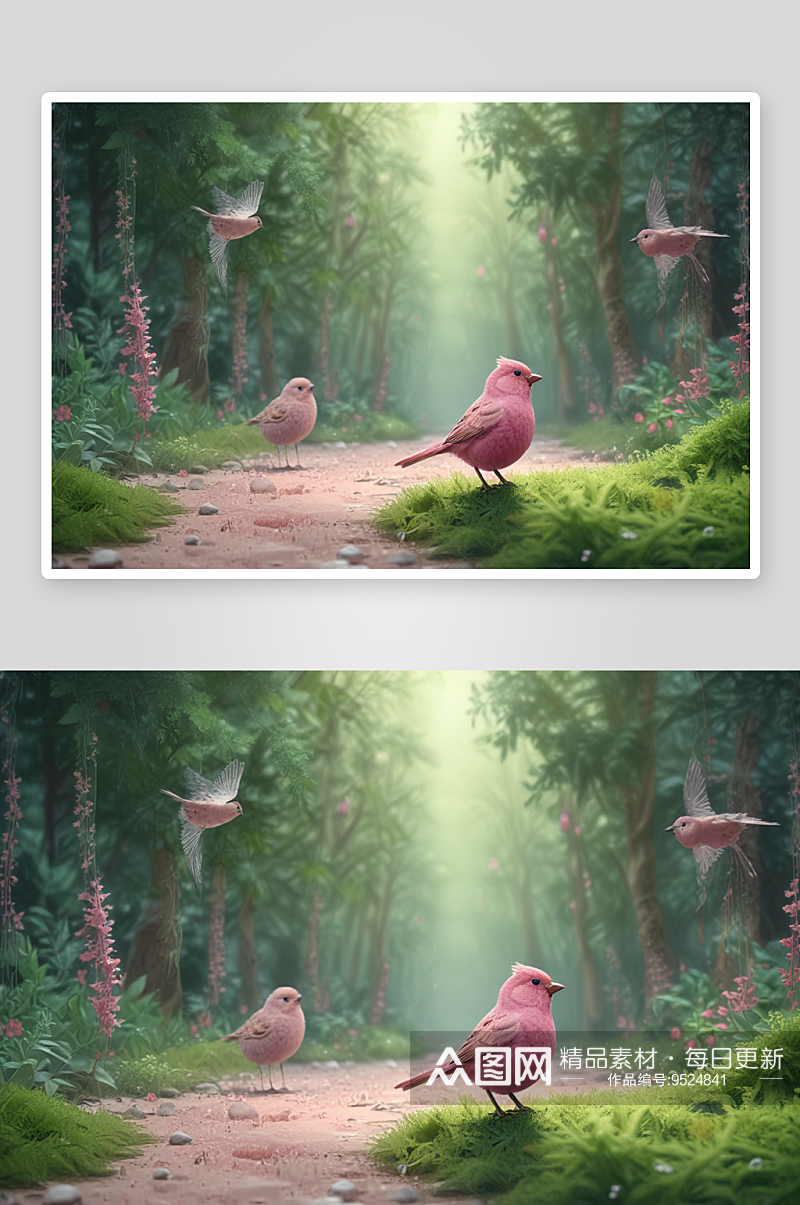 可爱粉红鸟儿的森林日常素材