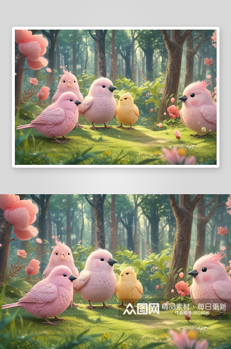 可爱粉红鸟儿的森林日常素材