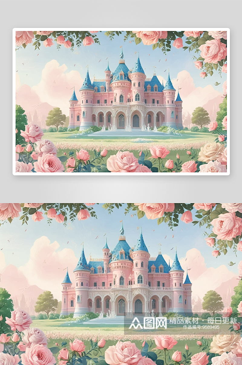粉红色玫瑰城堡的梦幻画作素材
