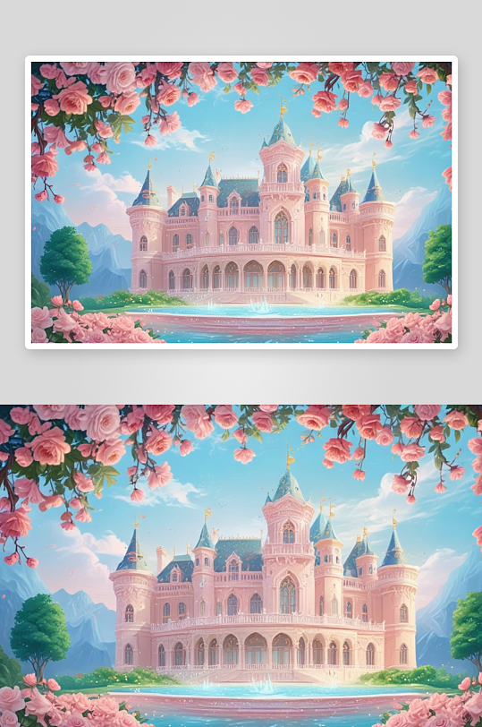 梦幻粉红玫瑰城堡的绘画奇观