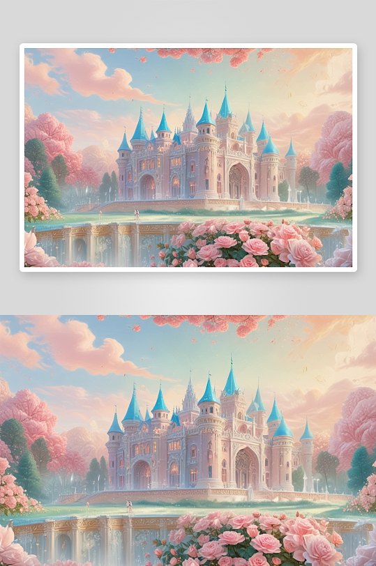 梦幻粉红玫瑰城堡的绘画奇观