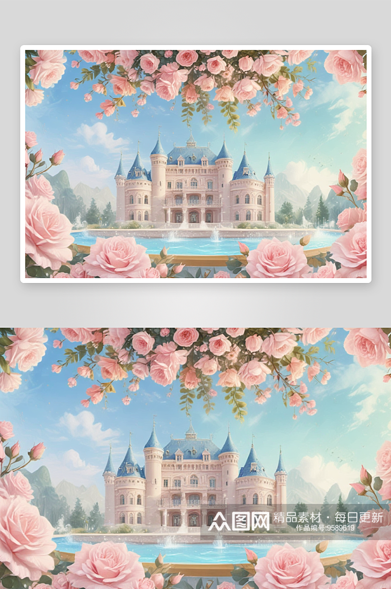 粉红色玫瑰城堡的浪漫画卷素材