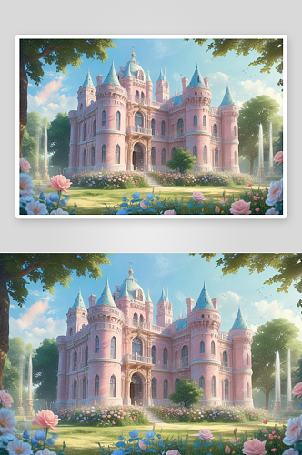 粉红色玫瑰城堡的浪漫画卷
