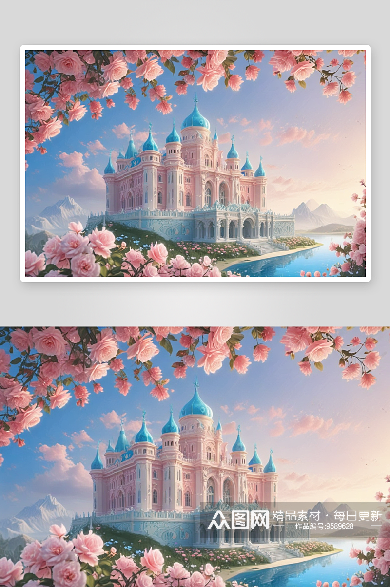 粉红色玫瑰城堡的浪漫画卷素材