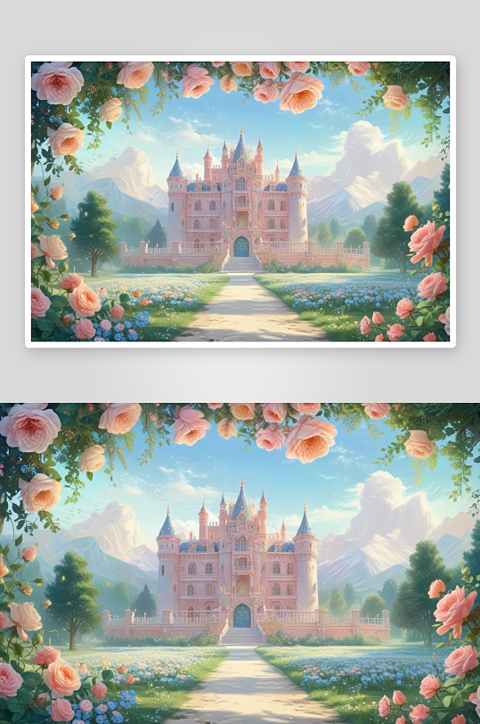 浪漫粉红玫瑰城堡的童话插画