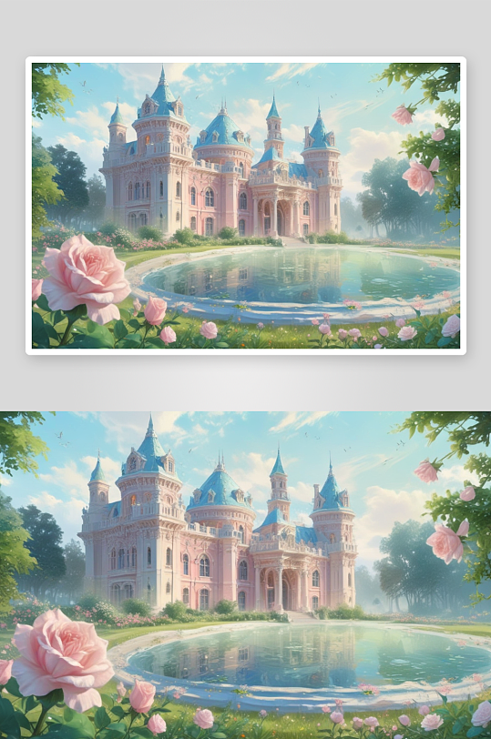 浪漫粉红玫瑰城堡的童话插画