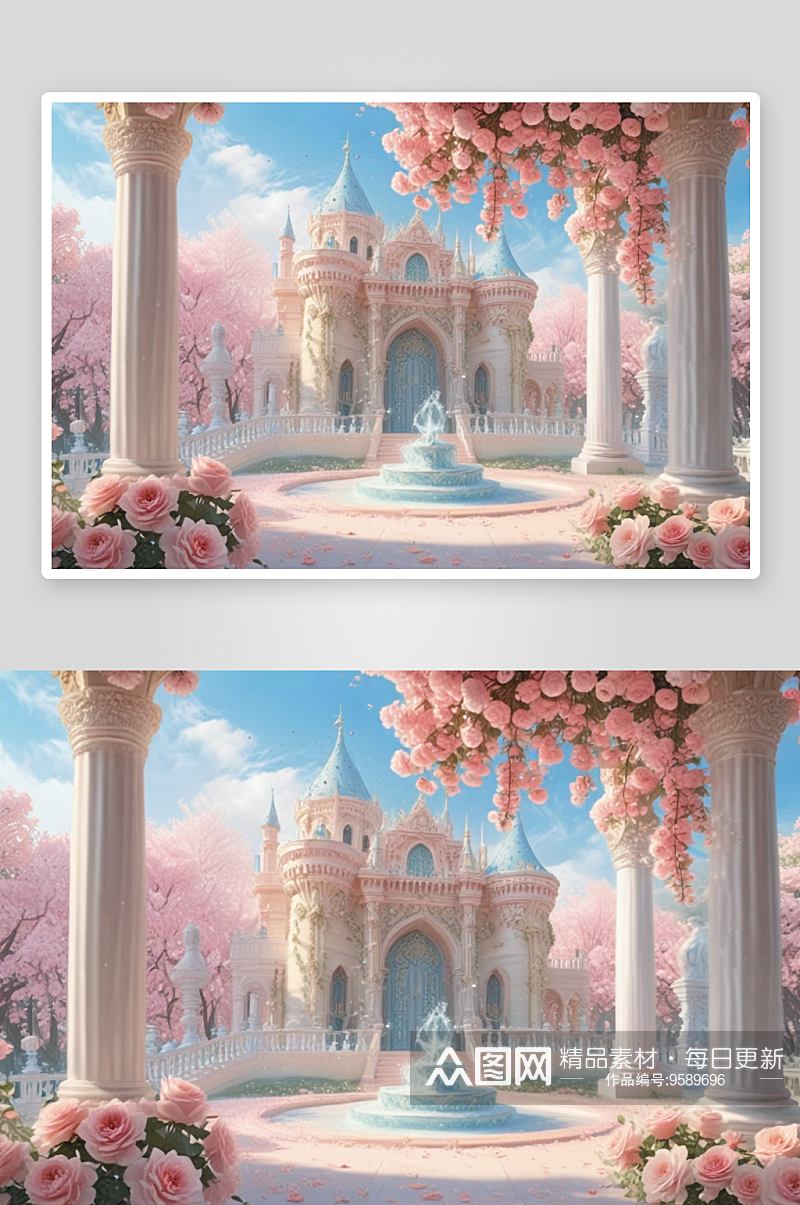浪漫粉红玫瑰城堡的童话插画素材