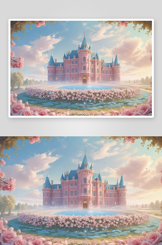 粉红色玫瑰城堡的绘画之美