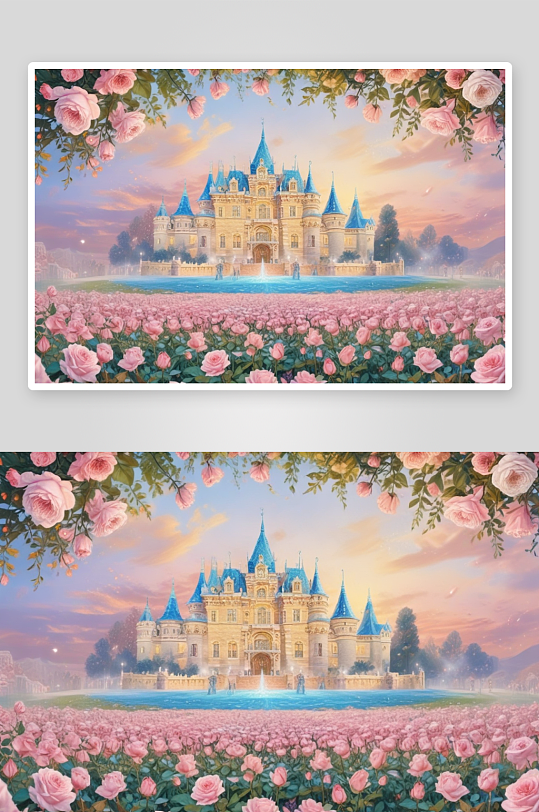 粉红色玫瑰城堡的绘画之美