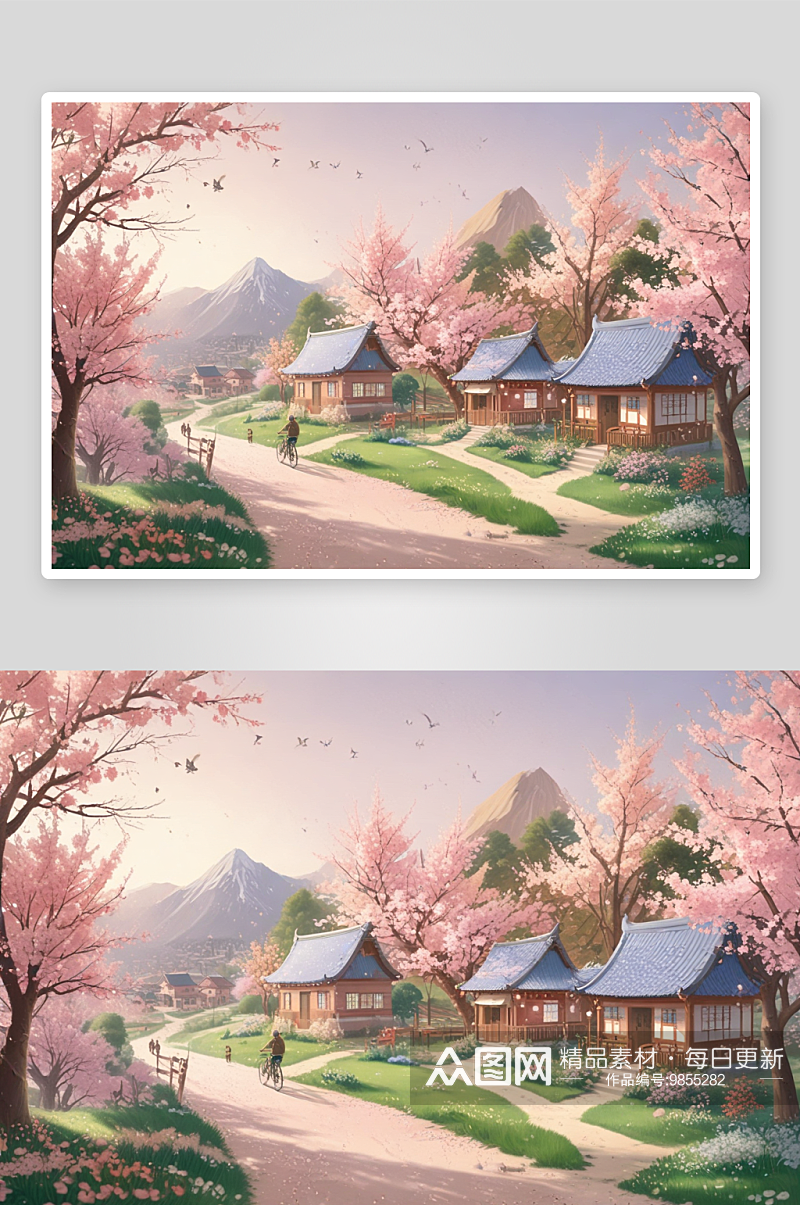 樱花谷村的春天童话般的美丽素材