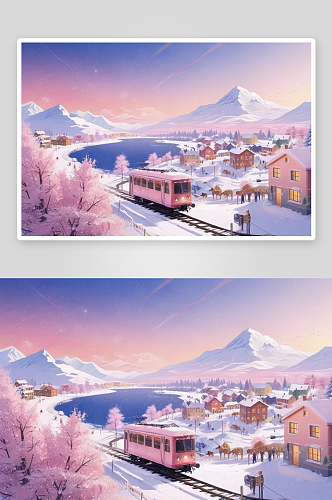 冬季村庄列车的美丽风光