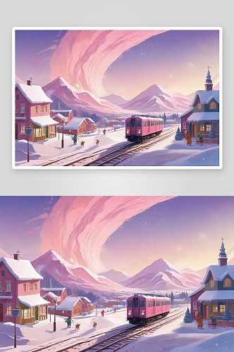 冬季村庄列车中的冰雪乐园