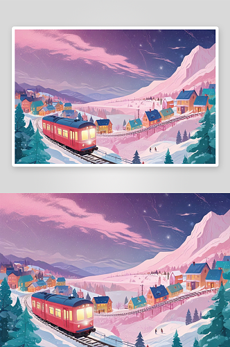 冬季村庄列车中的冰雪乐园