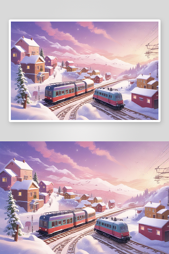 冬季村庄列车的冰雪仙境
