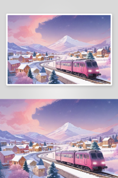 冬季村庄列车的雪山美景