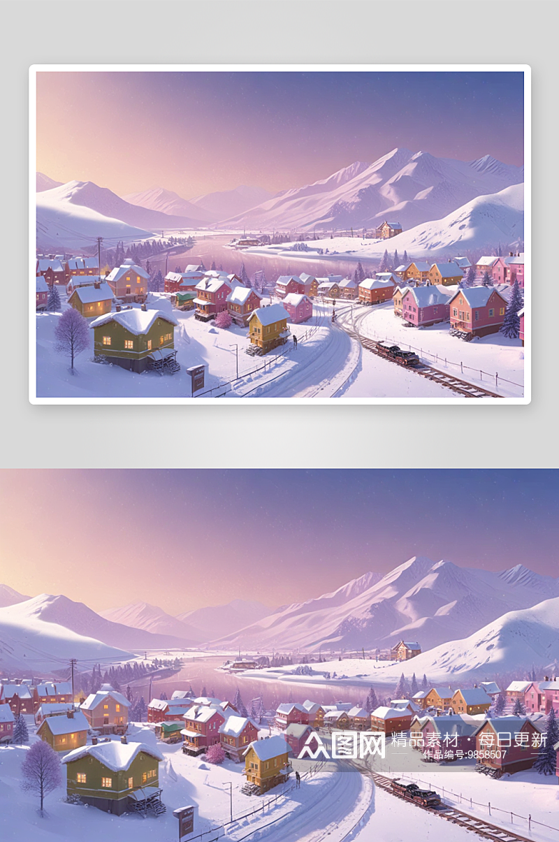 冬季村庄列车的雪山美景素材