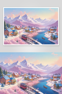 冬季村庄列车的雪山美景