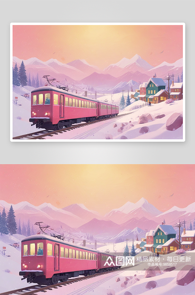 冬季村庄列车的雪山美景素材