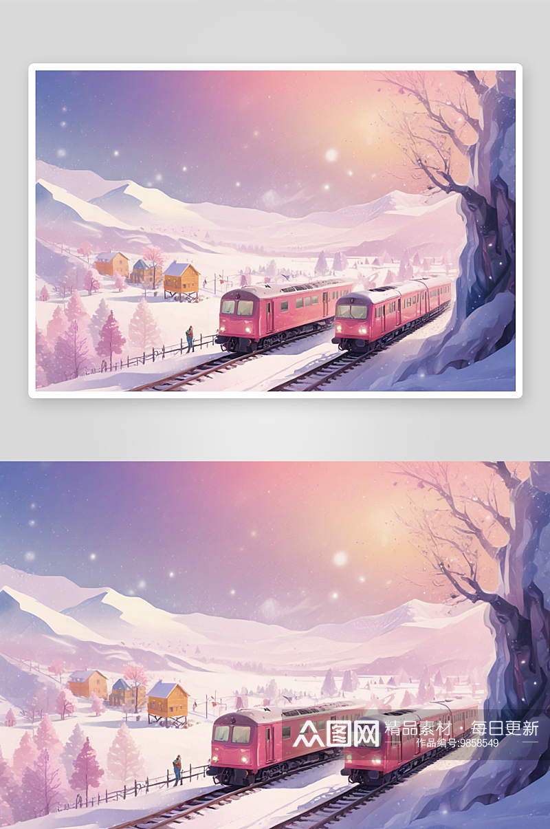 冬季村庄列车带来的冬日快乐素材