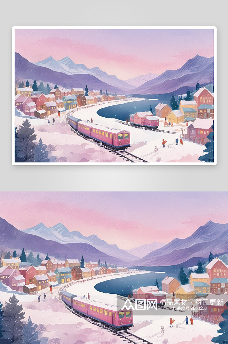冬季村庄列车带来的冬日快乐素材