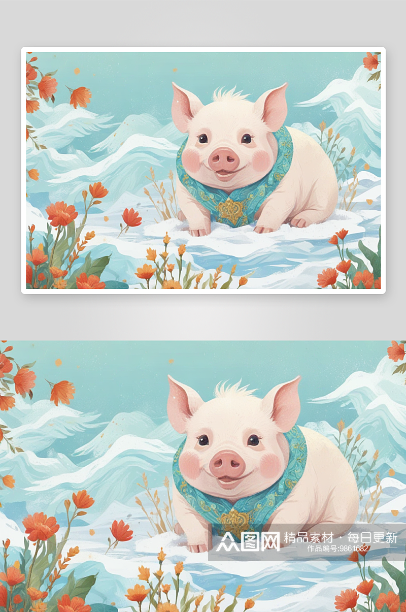 冬季插画中的可爱小猪素材