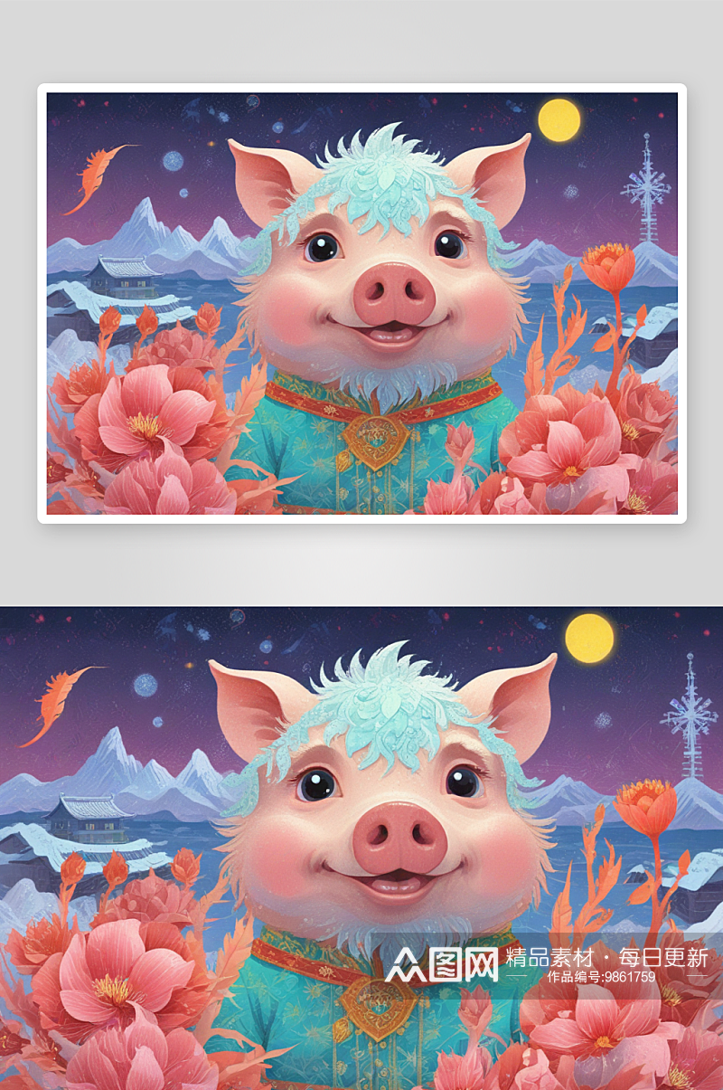 冬季插画中的可爱小猪素材