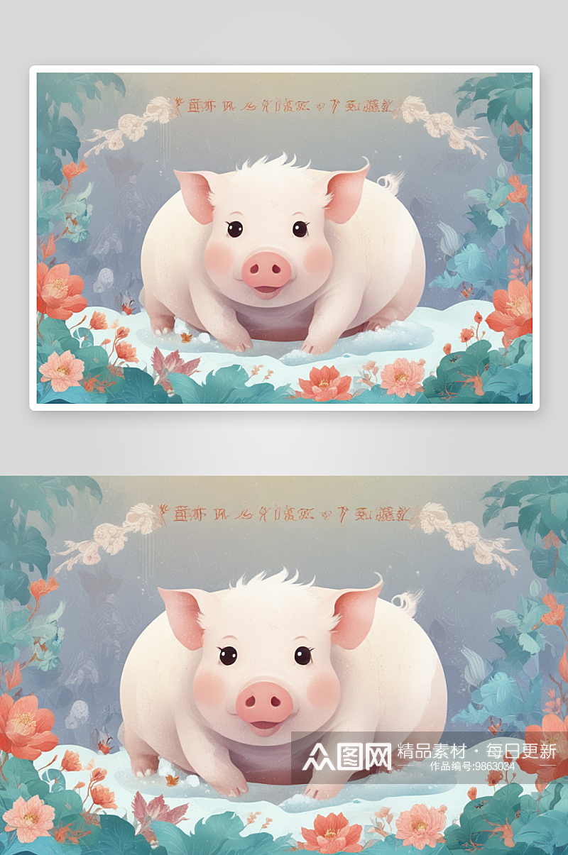 冬季插画中的温馨小猪画面素材