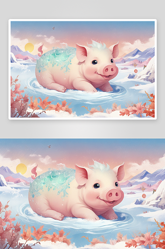 冬季插画中的温馨小猪画面