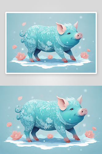 冬季插画中的温馨小猪画面