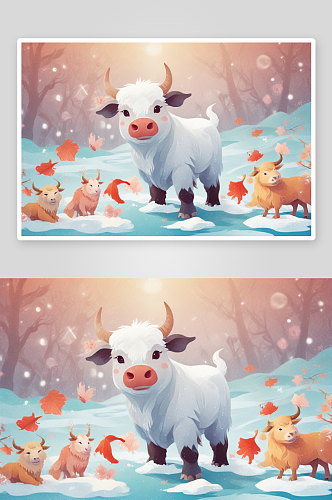 冬季中可爱的小牛插画