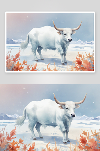 冬季中可爱的小牛插画