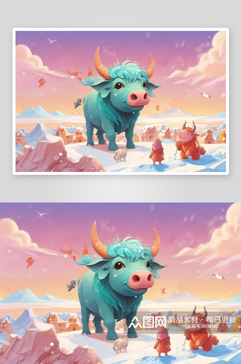 冬季插画中的可爱小牛素材