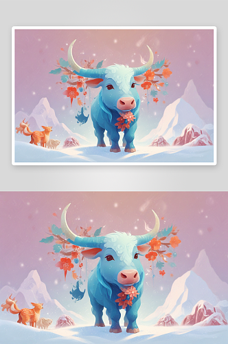 冬季插画中的温馨小牛画面