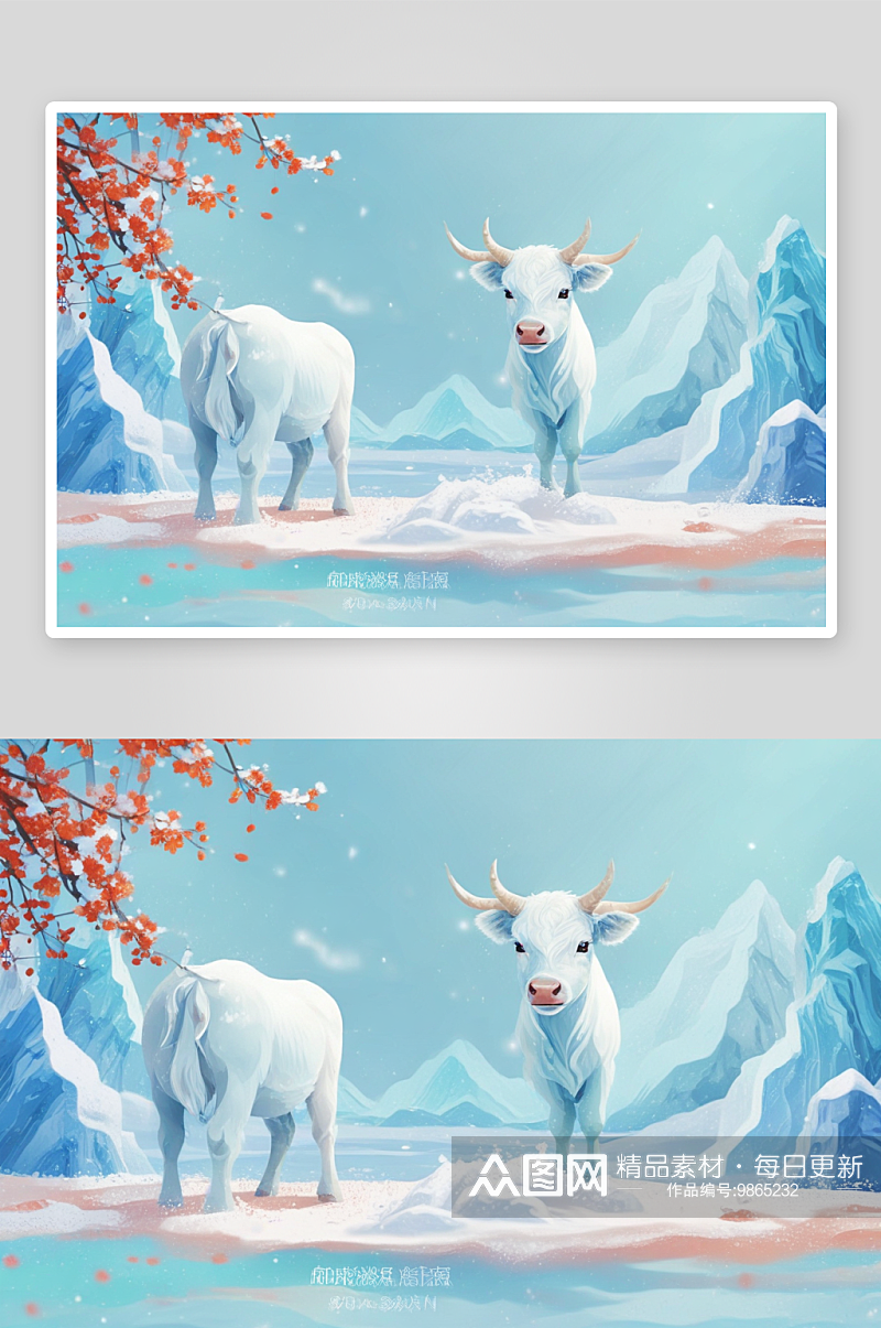 冬季插画中的温馨小牛画面素材