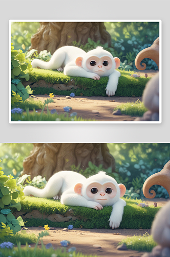 白色小猴子在花园中展现俏皮一面