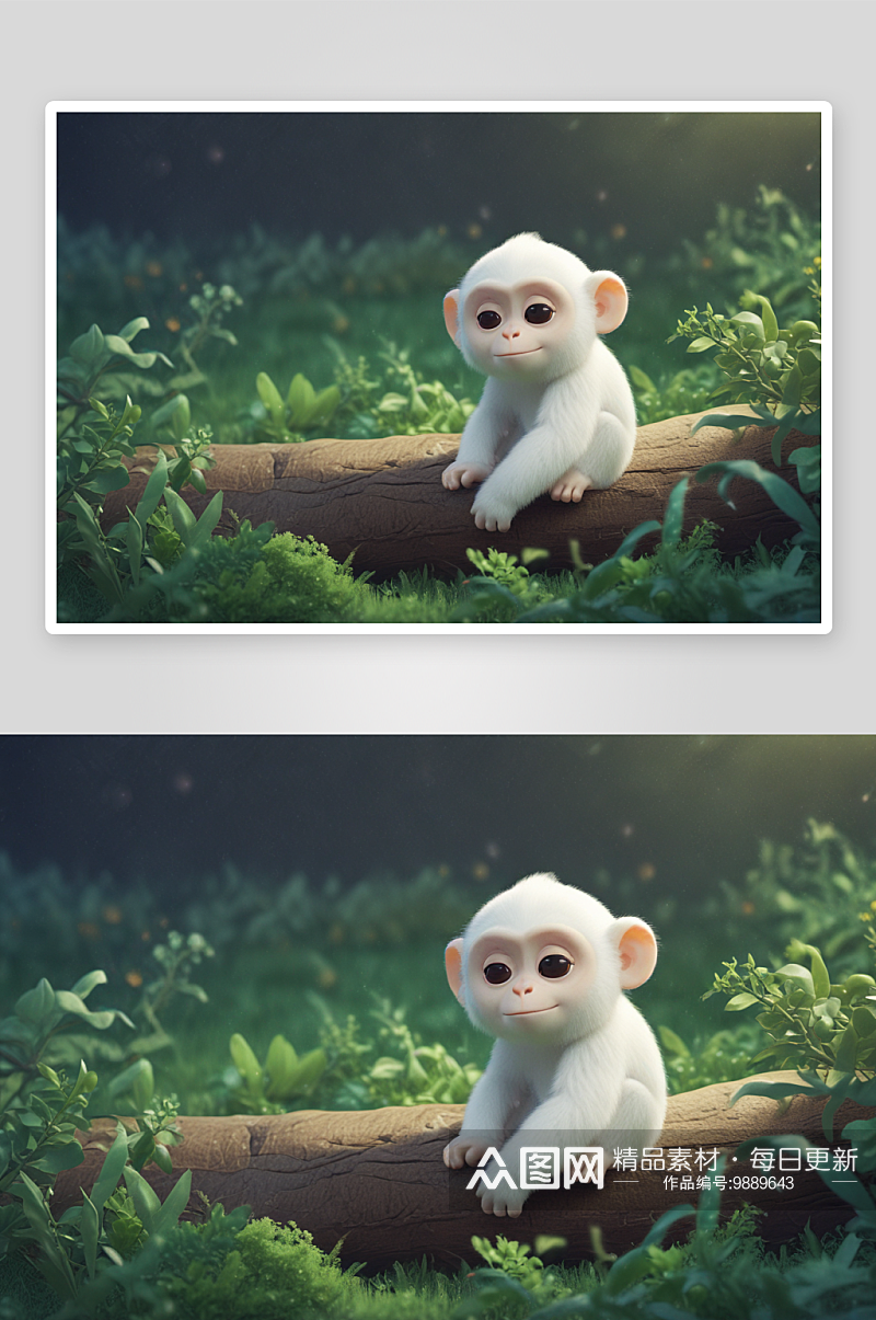 可爱的白色小猴子在花园中嬉戏素材