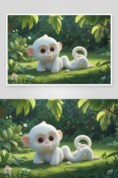 可爱的白色小猴子在花园中嬉戏