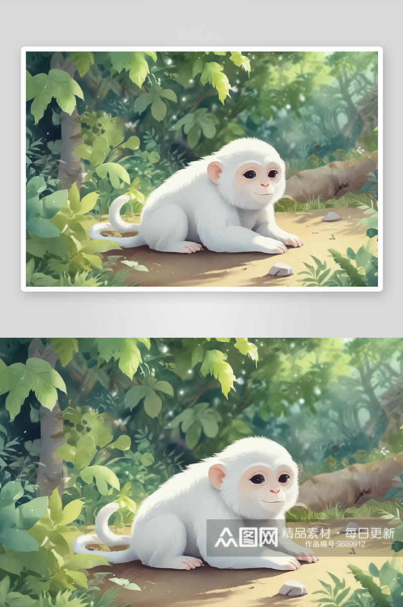 白色小猴子在花园中玩耍快乐素材