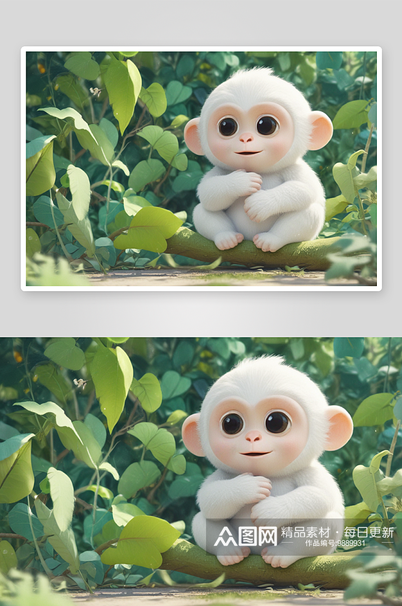白色小猴子在花园中玩耍快乐素材
