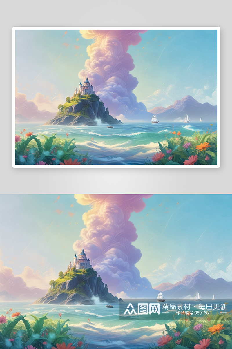 彩云城堡在海洋中展现美景素材