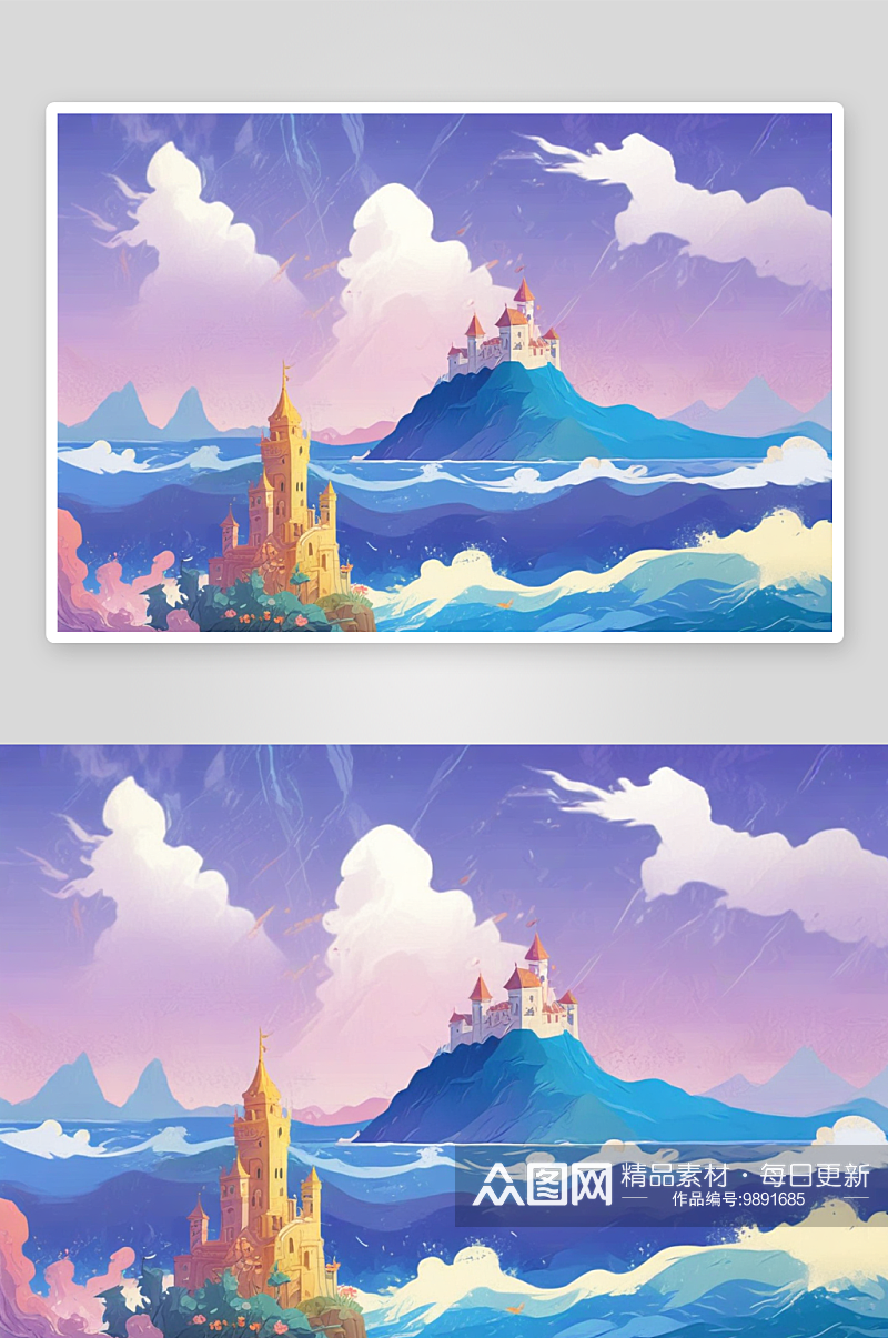 彩云城堡在海洋中展现美景素材