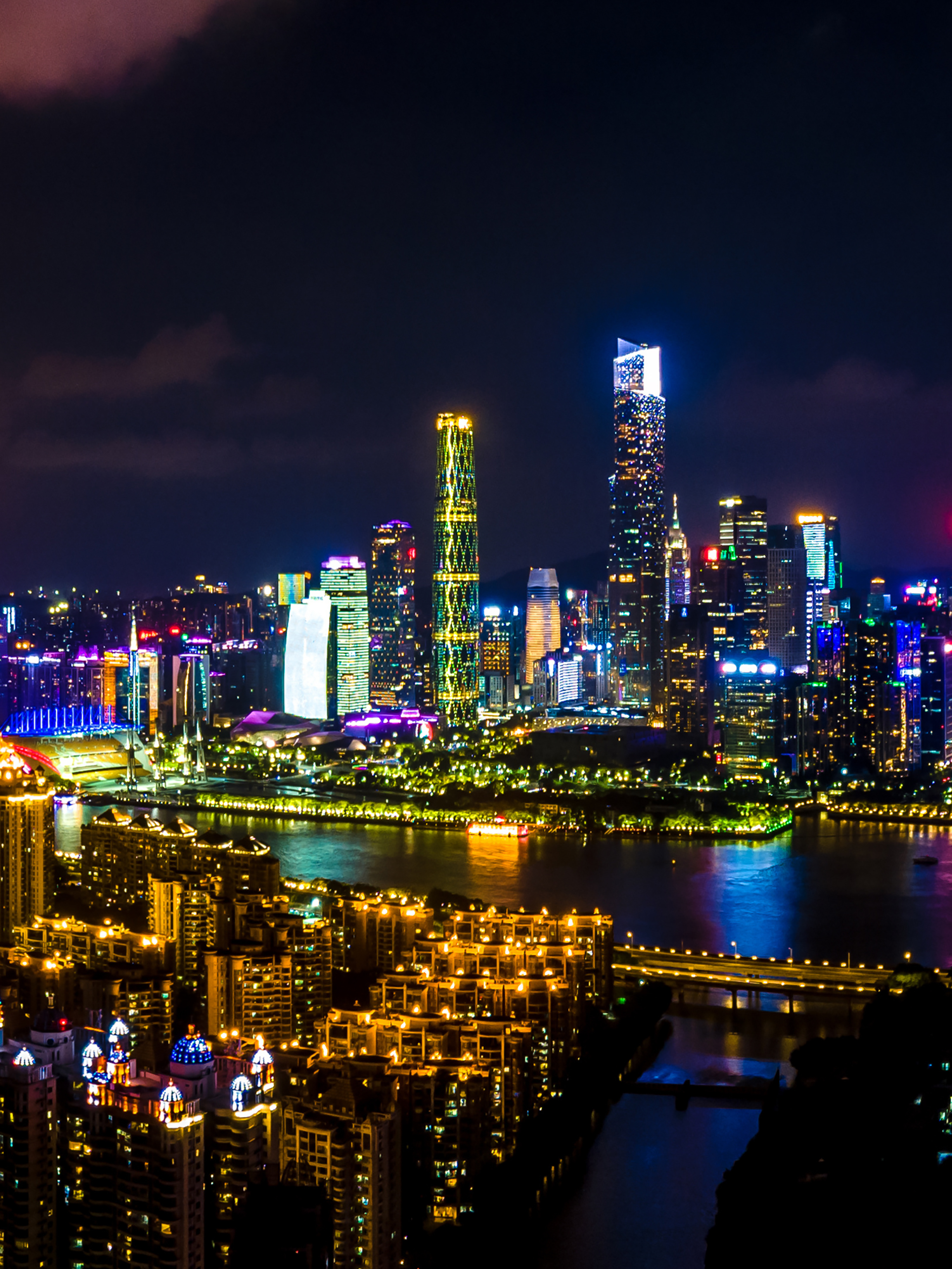 全景航拍广州城市夜景车流猎德大桥素材
