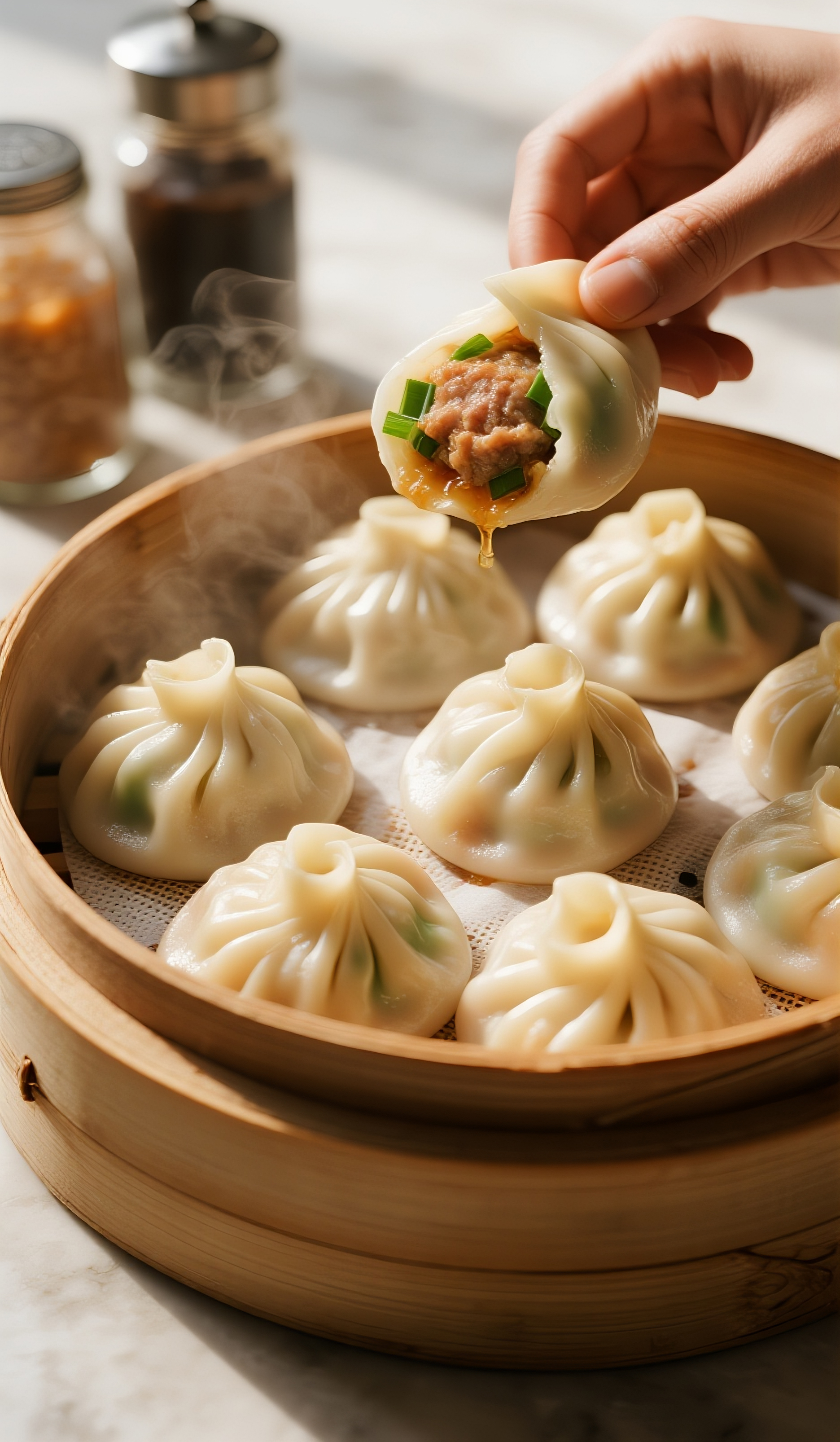 餐桌上摆放一笼猪肉大葱小笼包图片素材素材