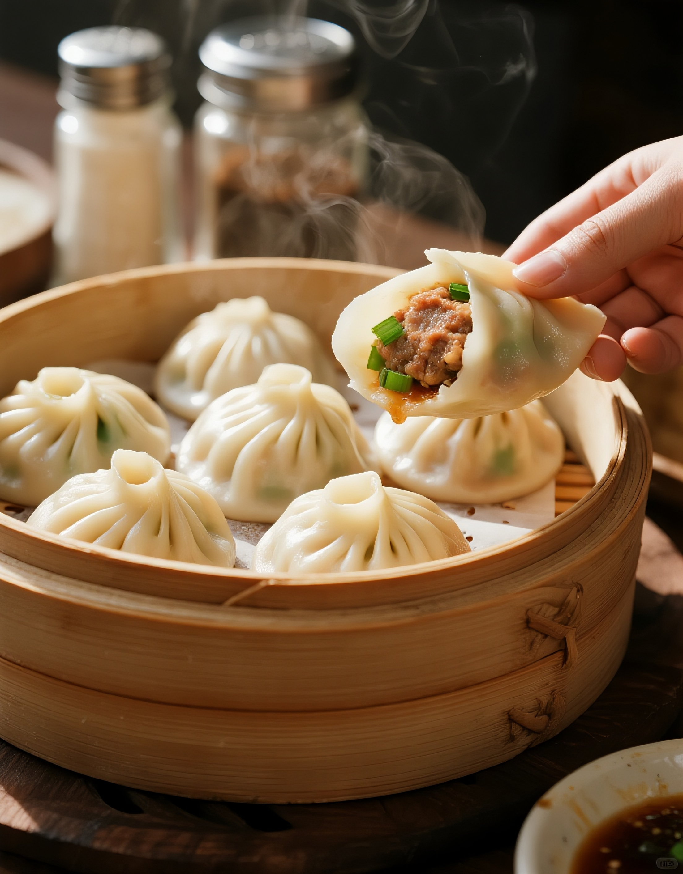 餐桌上摆放一笼猪肉大葱小笼包图片素材素材