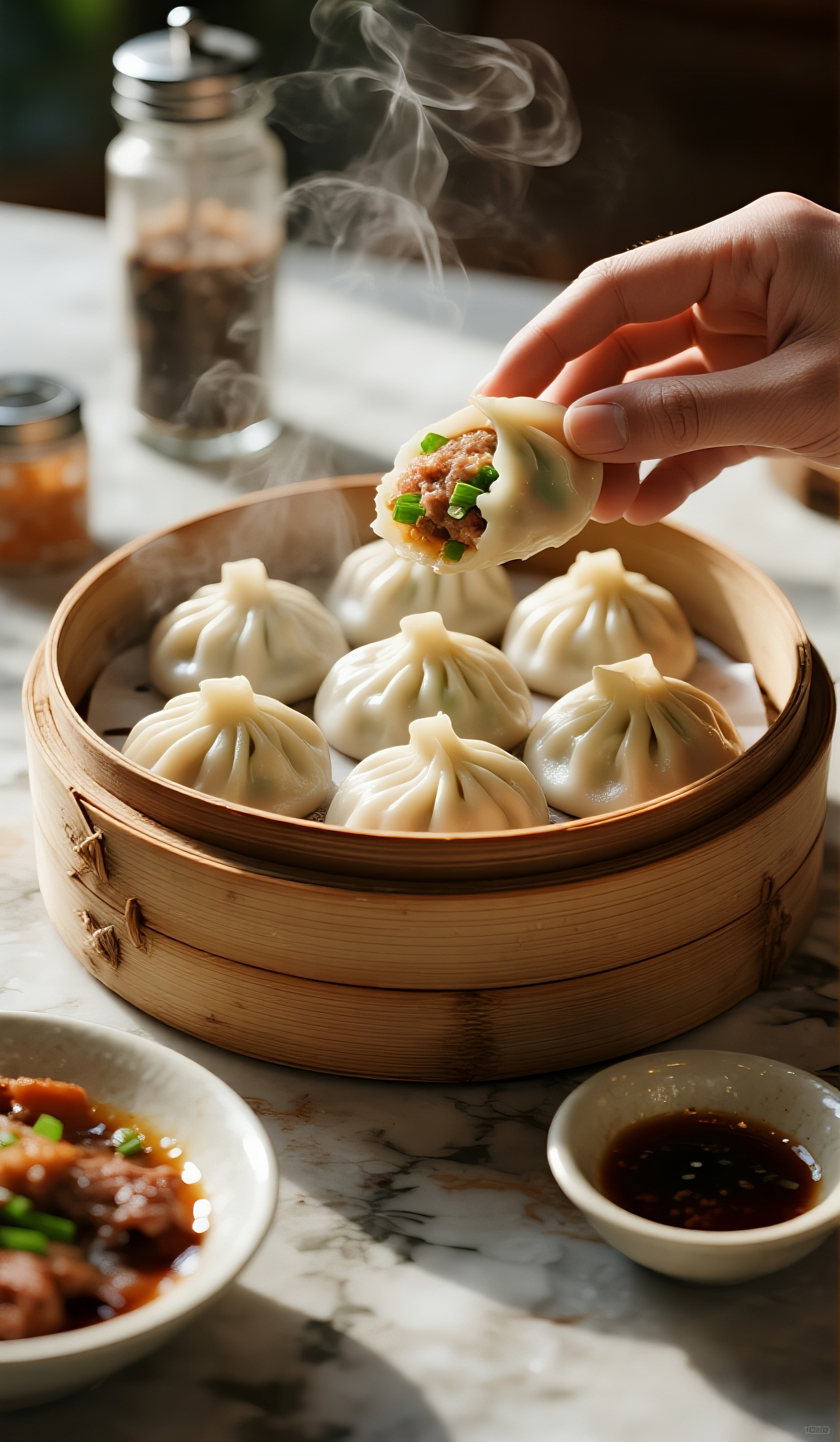 餐桌上摆放一笼猪肉大葱小笼包素材