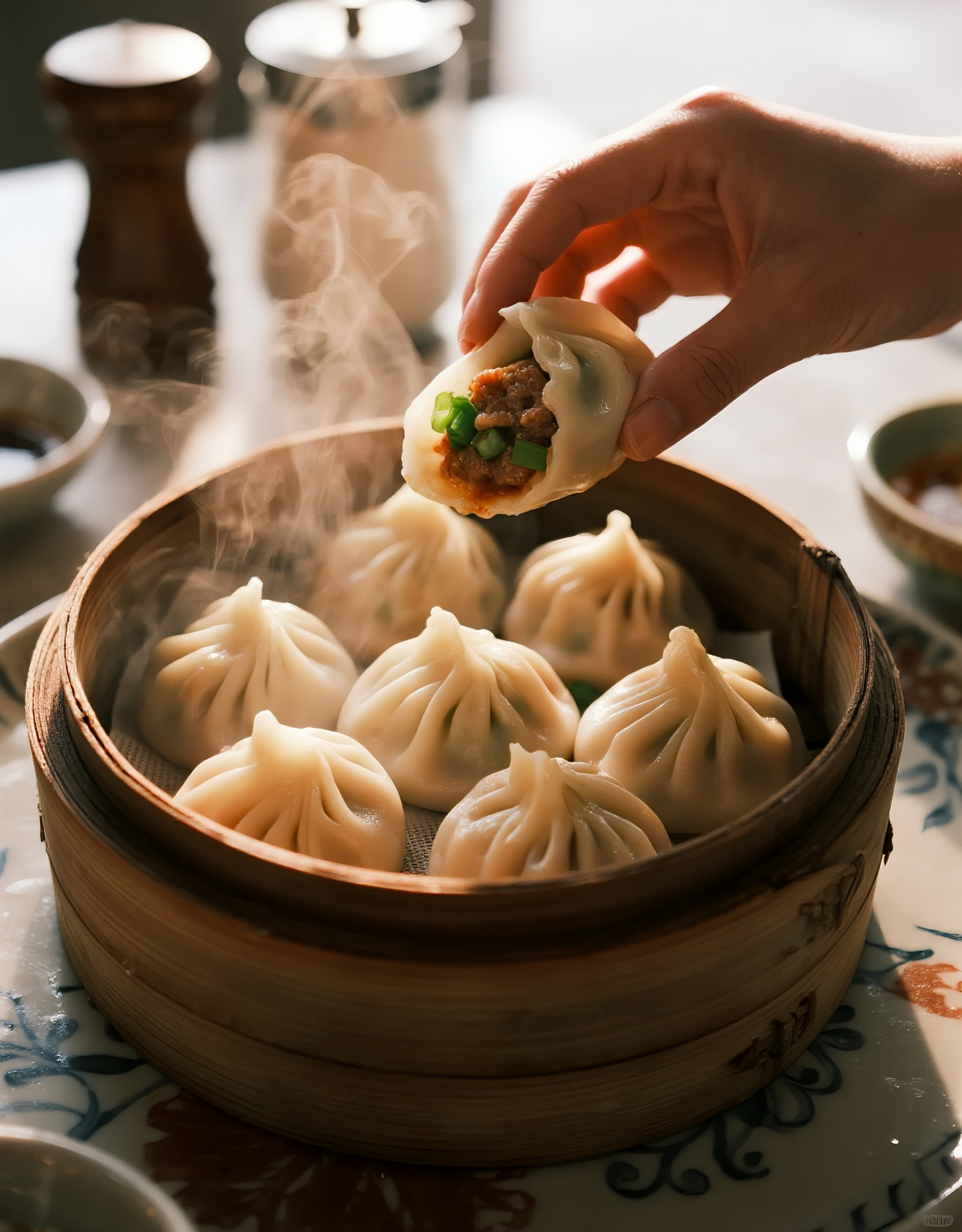 一笼猪肉大葱小笼包图片素材